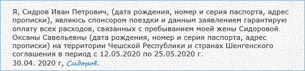 Приклад змісту тексту поручительства російською мовою: